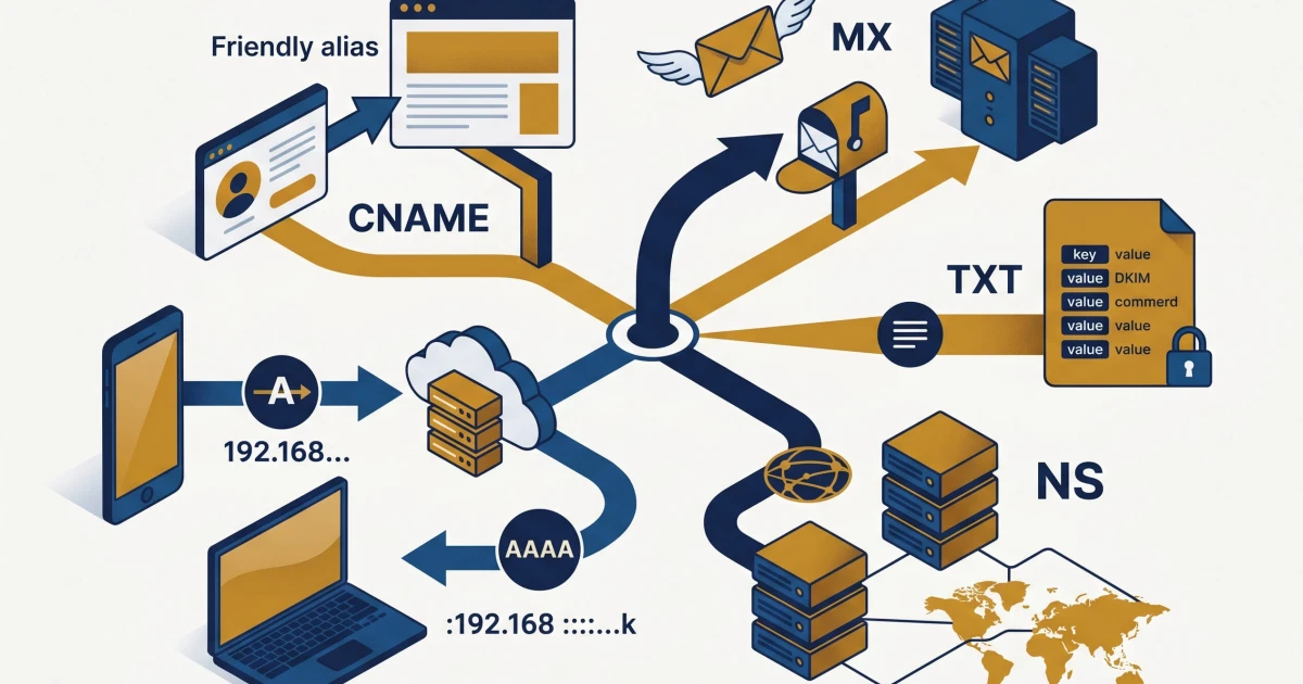 DNS-recordtyper forklaret: A, AAAA, CNAME, MX, TXT, NS og mere